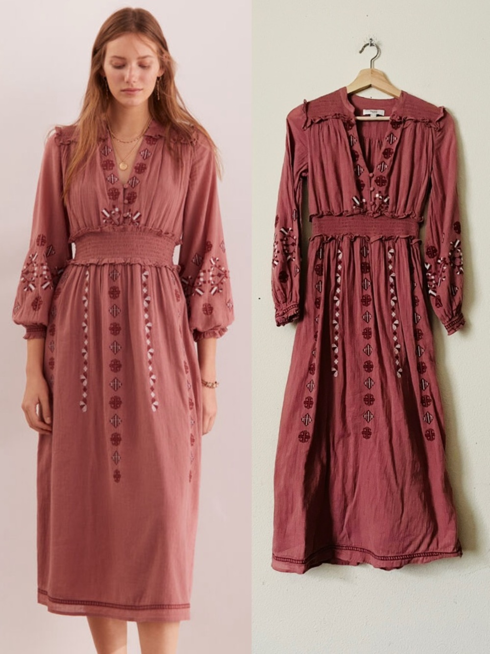 Hoss Intropia Anthropologie SIZE 2 pink embroidered long sleeve midi dress